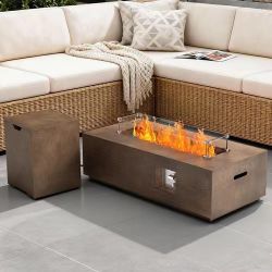 42 in. Retangular Coating Steel Propane Firepit Table, 50,000 BTU Outdoor Fire Pit Table in Dark brown Wood Grain