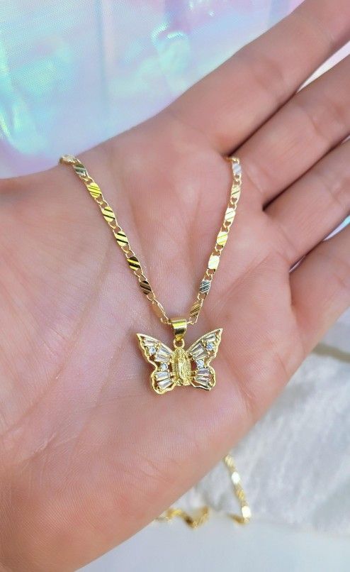 18k Gold Filled, ORO LAMINADO, Virgencita Butterfly Necklace, Cadena De La Virgen Maria, Collar