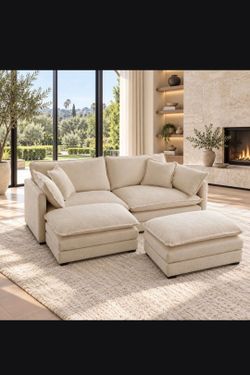 Beige Chenille Loveseat + 2 Matching
Ottomans - Complete Set