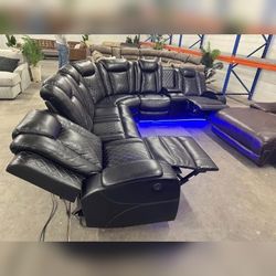 Sectional Power recliner leather sofa with LED USB Wireless chargers