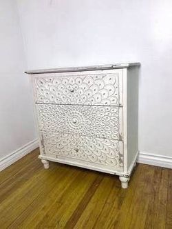 SALE! Distressed Retro 3 Drawer Storage with Carved Finch Feather Pattern-White For Home Or Office