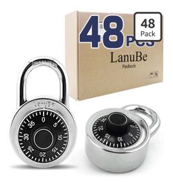 New Lanube combination padlocks. This is a 48 pack with hardened shackles. Each padlock has a chrome finish with a black dial. Each padlock is 2.95 in