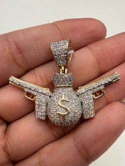 10k iced out money bag gold pendant diamond chips
