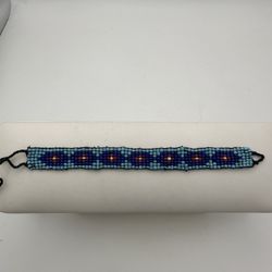 Handmade Beaded Bracelet Blue Red White Beads 6-9” Adjustable Nice