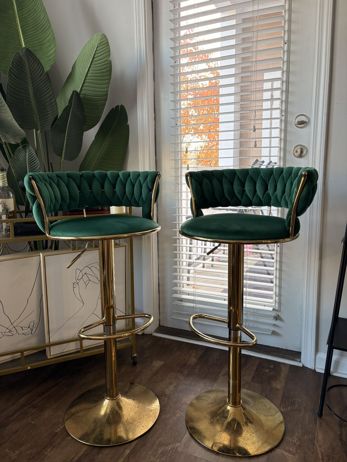 Green & Gold Bar Stools (Set of 2) – Swivel, Adjustable Height