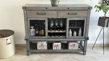 Industrial Gray Wood Bar Cabinet with Wine Rack