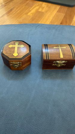 A pair of Catholic wood boxes with copper inlays