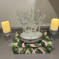 NEW, 6 FROSTED STEM WINE GLASSES, SEE PHOTOS, PAID $13.99 PER GLASS, INCLUDING 2 CANDLE HOLDERS AND TRAY, BUY $22.00