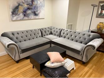 8x8 foot L shaped sectional grey velvet couch
