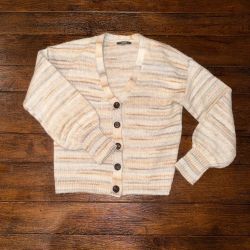 Belle by Beldini Striped Balloon Sleeve Cardigan, Cream/Tan - Womens S