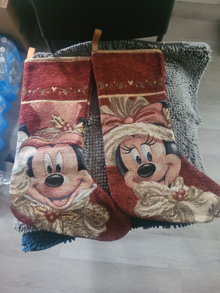 Pair MINNIE And MICKEY VICTORIAN CHRISTMAS STOCKING TAPESTRY DISNEY PARKS Rare