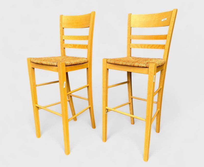 Pair of Italian Rush Seat Solid Wood Counter Stools