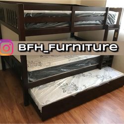 Full/Full/Twin Expresso Wooden Bunkbed w. Ortho Mattresses Included 