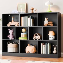 Black Bookshelf, 3-Tier Open Shelf Bookcase, 10 Cube Storage Organizer with Anti-Tilt Device, Freestanding Horizontal Bookshelf Cube Shelf f