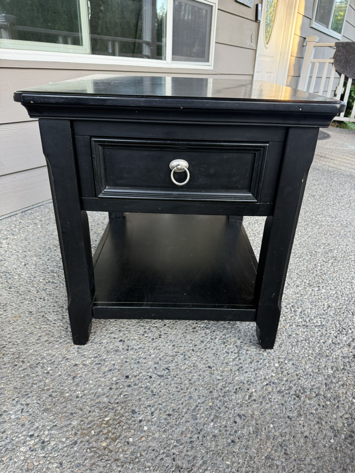 Black Wood Side Table with Drawer and Shelf