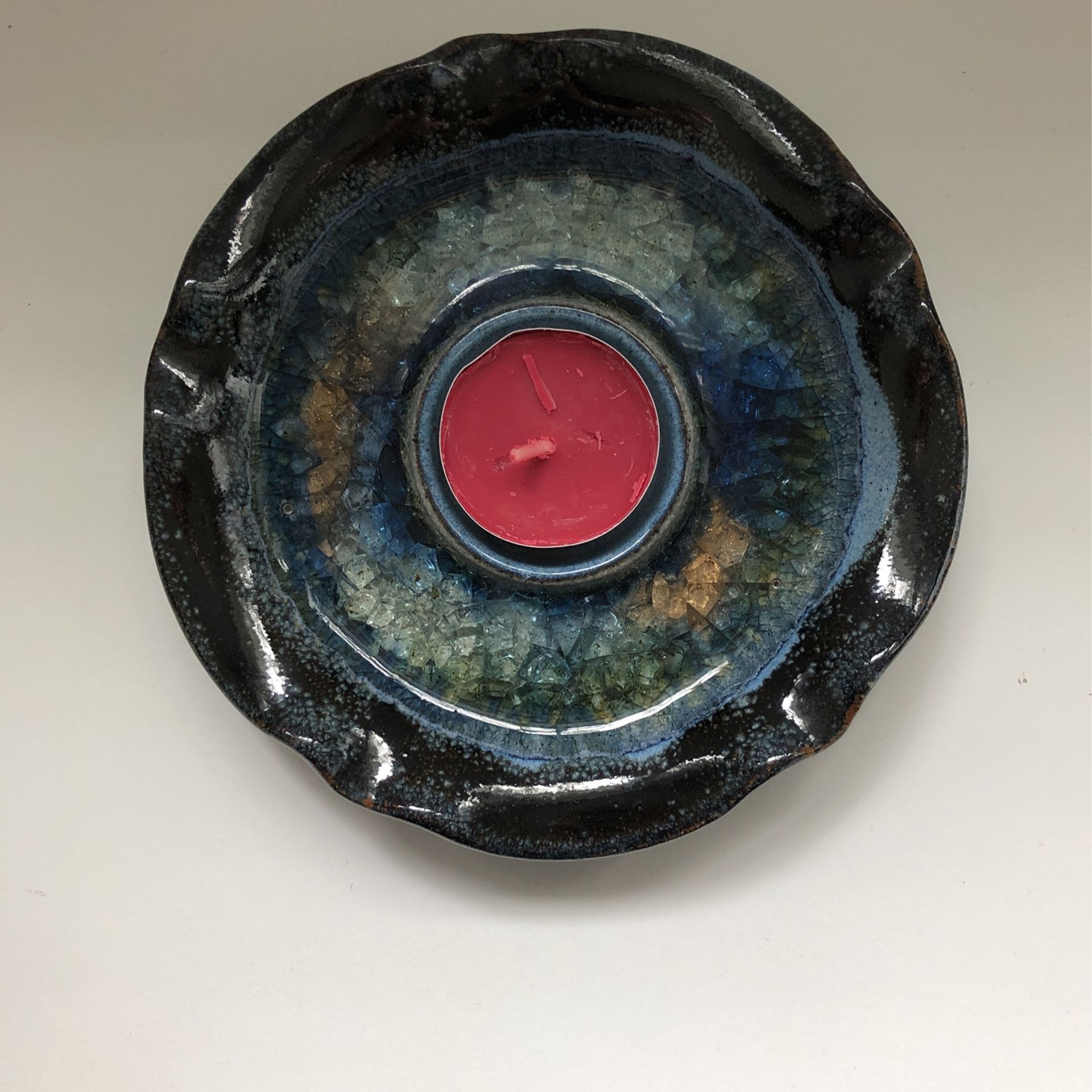 Hand Thrown/Glass Fused Drip Glazed Votive Candle Holder (Colorado Pottery)