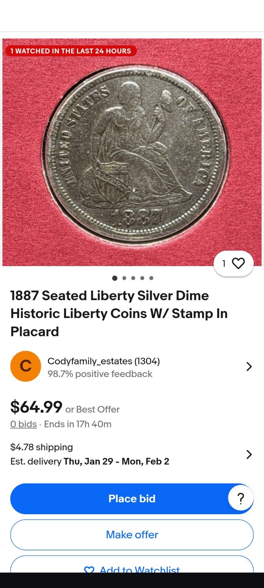 1887 Seated Liberty π½ Silver Dime Historical Liberty Coin w/ Stamp In Placard