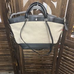 London Fog Beige and Black canvas Leather Tote