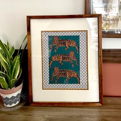 Moody Tiger Teal Black & White Canvas Art Print Wood Framed & Matted Large Wall Art Bohemian Decor