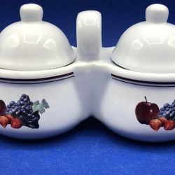 Vtg 80's Porcelain Jam Jelly Server Lids 2 Compartments Handle Houston Harvest