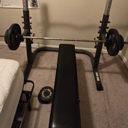 Home Gym Bench Press Set - Bench,  Rack,  Bars+ 108 Lbs Plates