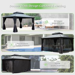 12'x16' Hardtop Gazebo with Resin Roof, Outdoor Metal Gazebo with Drainage Gutters, Permanent Heavy Duty Pavilion for Patio, Backyard and Deck, Curtai