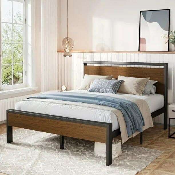 Queen Size Bed Frame, Heavy Duty Metal Platform Bed with Wooden Headboard & Footboard, Walnut