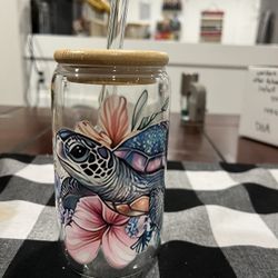 Sea Turtle Flower Glass Cup with Bamboo Lid And Straw