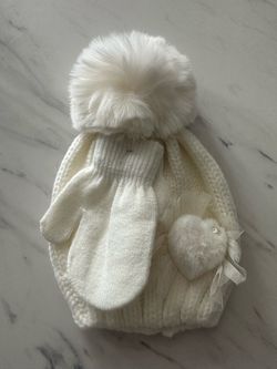 White Knit Beanie and Mittens Set
