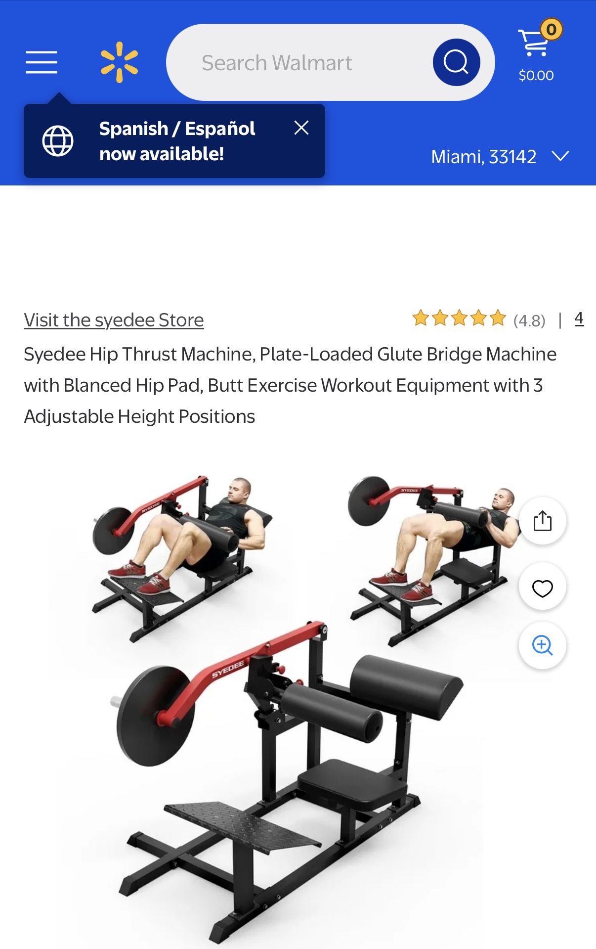 Syedee Hip Thrust Machine, Plate-Loaded Glute Bridge Machine