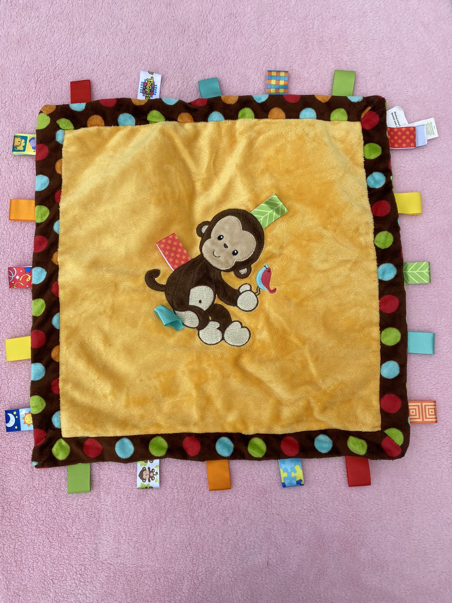 SECURITY Blanket TAGGIES Flat MONKEY Yellow Velour Brown Satin Lovey Tag Toy
