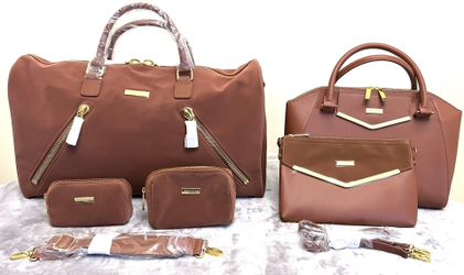 JOY & IMAN Luxe Velvet Leather Brown travel Bag, 2 Makeup Bags, Purse & Satchel