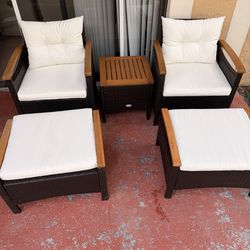 Tangkula 5 Piece Patio Furniture Set, Patiojoy Outdoor Conversation Set w/Seat & Back Cushions, Coffee Table & 2 Ottomans, Acacia Wood Tabletop & Armr