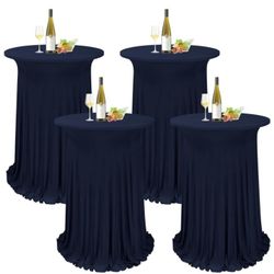 4 Packs Round Cocktail Table Skirt 32"x 43" Spandex Stretch Cocktail Tablecloth with Wavy Drapes, Navy Blue Spandex Fitted High Top Table Covers for W