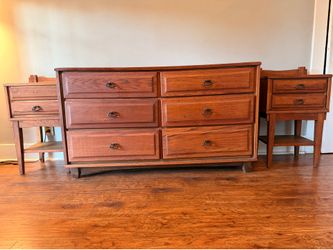 Oak dresser and two nightstands