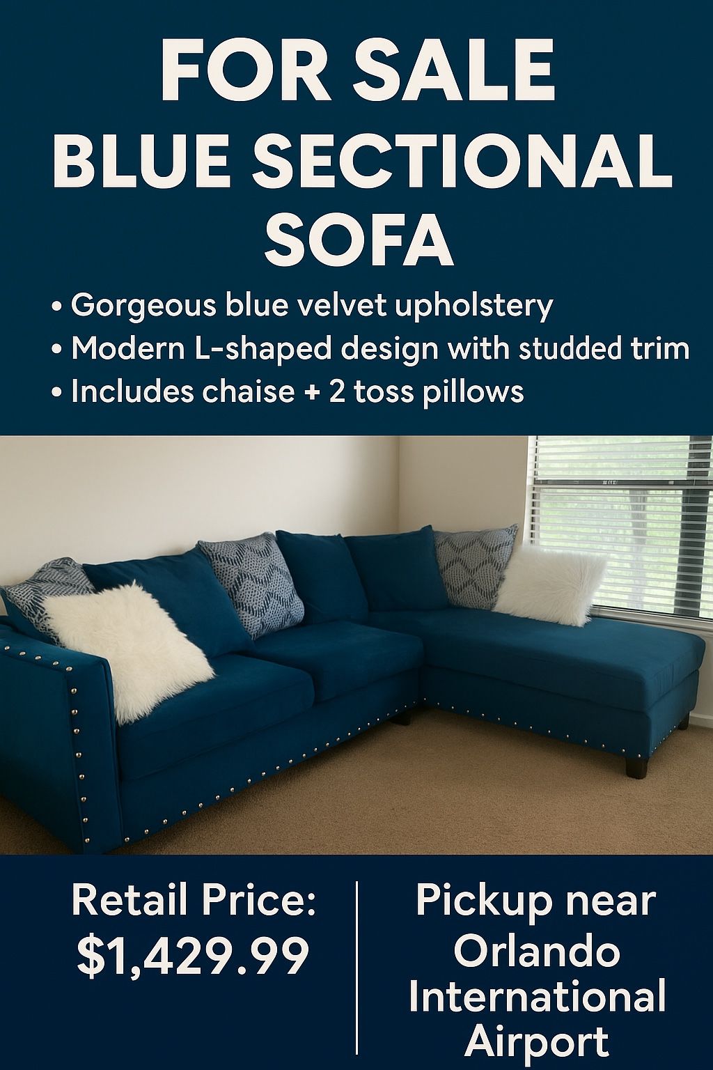 FOR SALE – Blue Velvet Sectional Sofa with Chaise