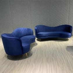 Blue Velvet 2 Pcs Sofa And Loveseat New 