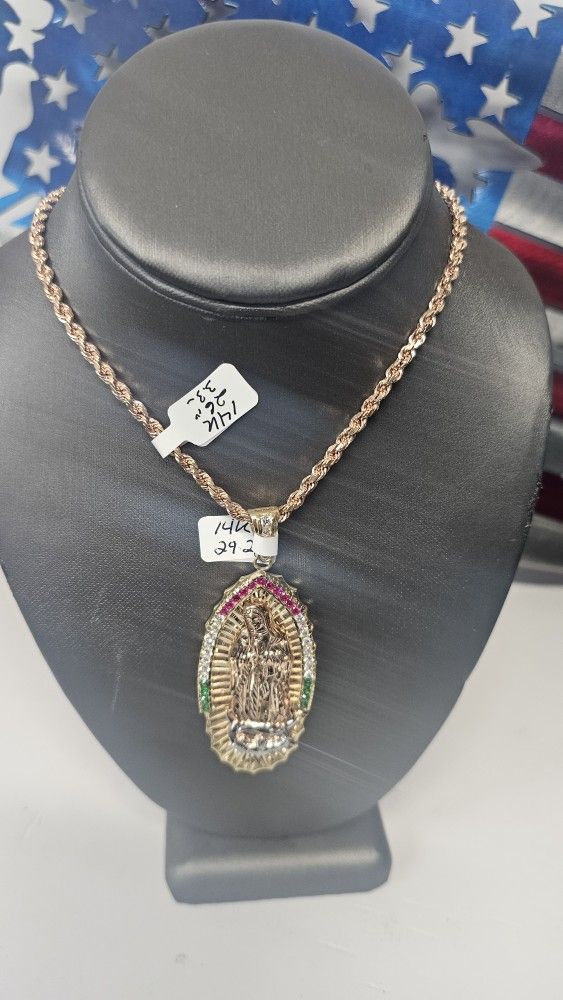 14k Solid 26inch 3.3mm Rose Gold Rope Chain And 14k Cz Pendant 