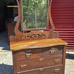 Antique Dark Oak Serpentine Dresser W/ Swivel Mirror