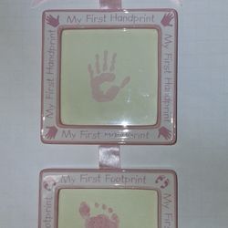 NEW pink ceramic frames for baby girl handprint and footprint with pink hanging ribbon $5 FIRM