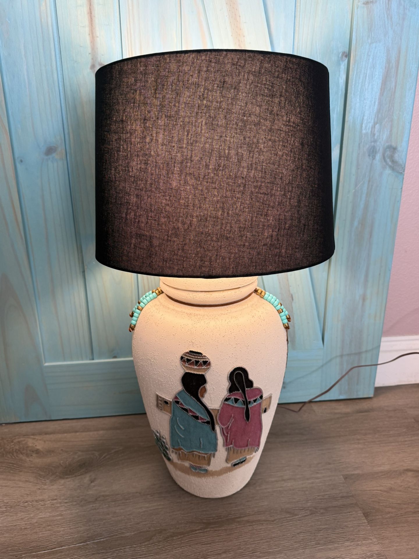 Absolutely Stunning Large 28”H Native American Hand Painted Beaded Pottery Lamp