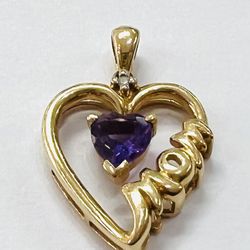 14K yellow gold amethyst stone diamond heart mom pendant 