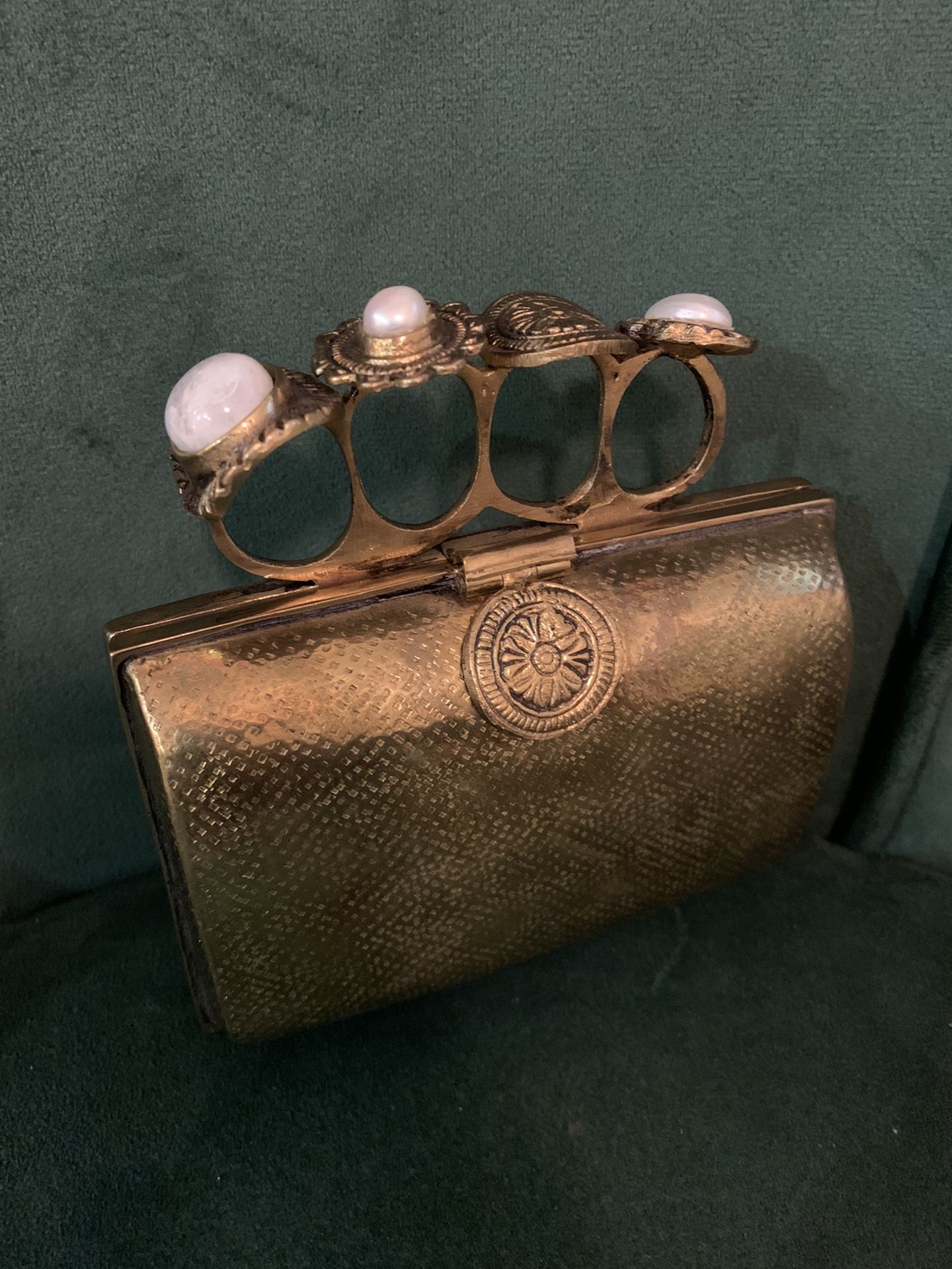 LETS TRADE BARTER!! Hand Made Embossed Metal Clutch Purse With Unique Brass Knuckle Finger Holes Solid Gems On Top This Is A One Of A kind Piece!