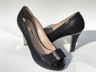 Marino Fabiani Black Platform Shimmer Peep Toe Pump Rhistone Mid Heels Size 7