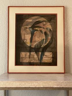 Vintage Mid Century Modern MCM 1970s Modernist Original Abstract Pencil Chalk Art Print, Framed