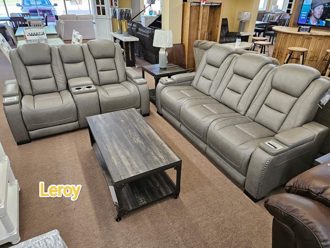 The Man Den Genuine Real Leather Gray Power Reclining Sofa And Loveseat Home Theater Movie Seating 