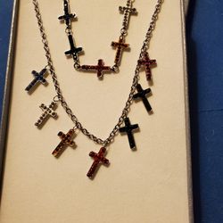 Necklace & Bracelet Set, Austrian Colored Crystal Crosses On Silver 