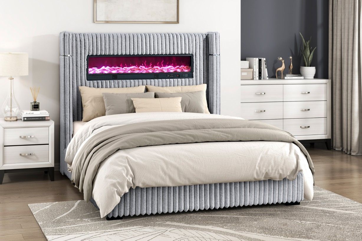 HE 2411 Gray velvet fireplace speaker queen size bed frame special