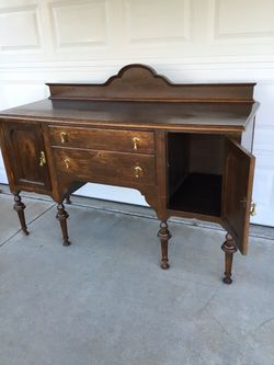 Antique Wood Sideboard Buffet with Brass Hardware