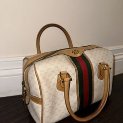 GUCCI Vintage Beige And White Canvas Handbag